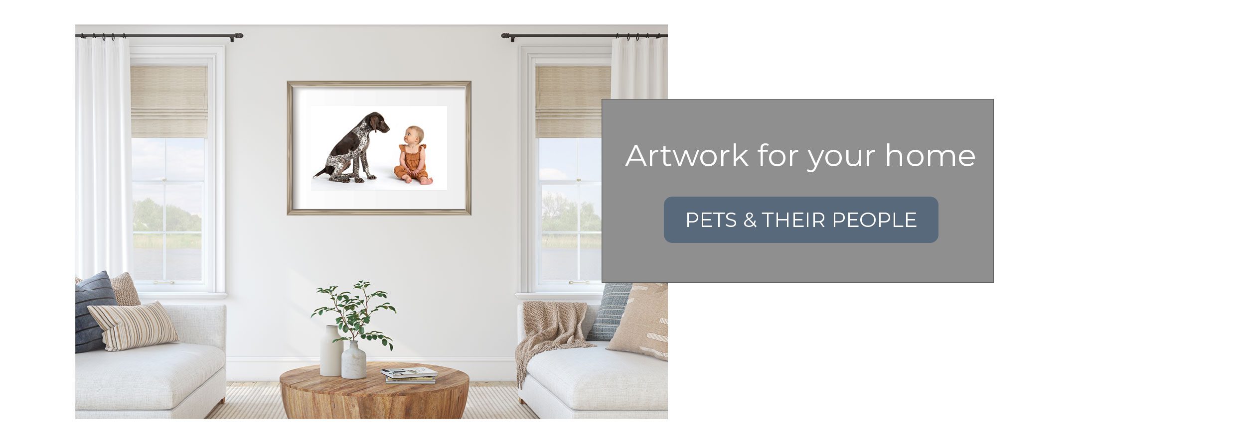 Living room with picture of a dog and baby